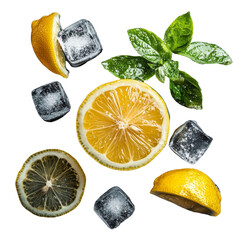 Poster - Fresh lemon slices, mint leaves, and ice cubes create refreshing summer vibe. Perfect for beverages or culinary presentations