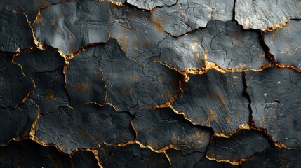 Poster - Cracked dark surface with glowing golden lines and textured details