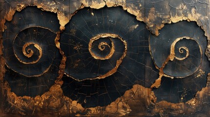 Poster - Abstract golden spirals on textured background with cracked surface design