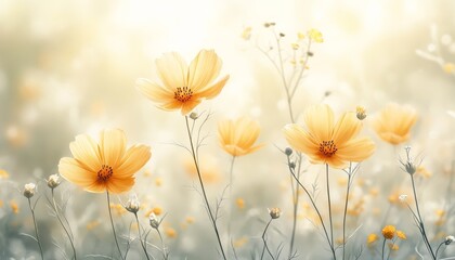 Poster - Soft Focus Wildflowers and Cosmos on a Pastel Peach Background, Gentle Light and Airy Feel