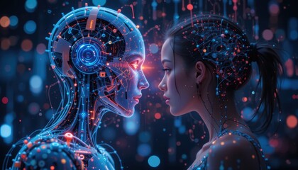 Fototapete - Young female and futuristic robot face-to-face in digital glowing environment
