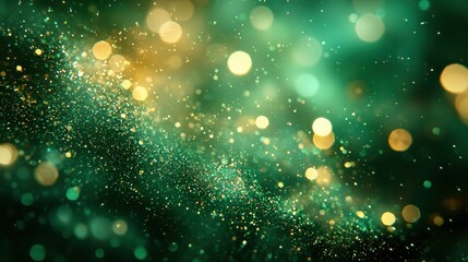 Poster - Glittering green and gold abstract with bokeh sparkles and light particles