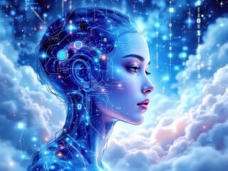 Poster - Futuristic female cyborg in a digital cloudscape with neon circuitry and data streams