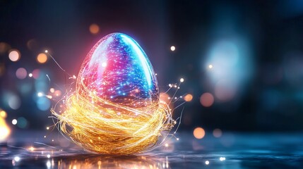 Poster - Colorful glowing egg surrounded by shimmering golden strands in a mystical setting