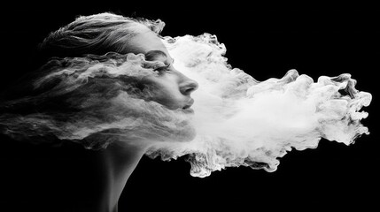 Poster - A striking profile of a model blends seamlessly with wisps of smoke, creating an enchanting visual effect that evokes feelings of mystery and tranquility in a dark environment