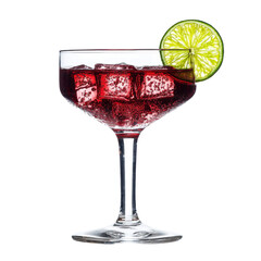 Poster - refreshing cocktail in glass with ice and lime slice, perfect for summer gatherings. vibrant red color and bubbles create inviting atmosphere