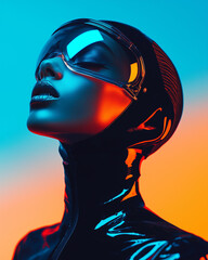 Aufkleber - futuristic woman in avant garde sci fi fashion poses confidently, wearing sleek, glossy outfit and visor against vibrant duotone background