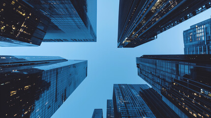 Poster - Skyscrapers with reflective glass facades rise against clear blue sky, showcasing modern architecture and advanced grid technology