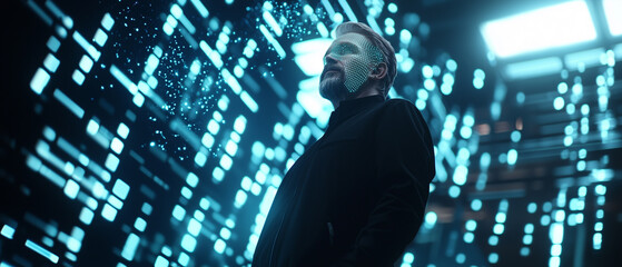 Aufkleber - man in futuristic setting with digital elements and glowing mask, looking upwards. scene is illuminated by blue lights, creating high tech atmosphere