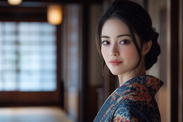 Poster - woman in floral kimono stands in softly lit traditional room, exuding elegance and grace. Her serene expression complements peaceful ambiance of setting