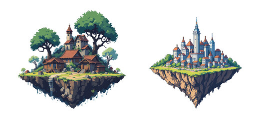 Poster - Pixeled floating island with castle and old village. 8-Bit Pixel art illustration, isolated background. 8bit Retro game concept.