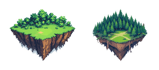 Poster - Pixeled floating island with forest and greenery. 8-Bit Pixel art illustration, isolated background. 8bit Retro game concept.