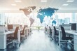 © SKIMP Art - Abstract digital world map with a global business network concept on a blurred office background Blurred modern workspace interior with desks and chairs in the foreground Generative AI