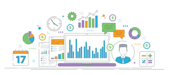 Naklejka na meble Financial data illustration showcasing charts, graphs, and laptop analysis for business insights and strategy. Thin line icons design in vector.