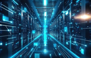 Poster - A futuristic data center with glowing blue lights, advanced servers, and high-speed connections, symbolizing cloud computing, AI, and cybersecurity. Ideal for technology themes