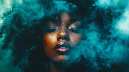 Aufkleber - A woman with striking features and voluminous curls stands serenely, surrounded by a haze of turquoise smoke. Her eyes are closed as she embodies tranquility in a dreamlike environment