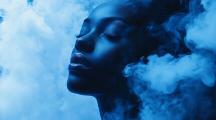 Poster - A graceful figure is immersed in swirling blue smoke, their serene expression evoking a sense of calm and introspection at twilight. The ethereal ambiance captures beauty in tranquility