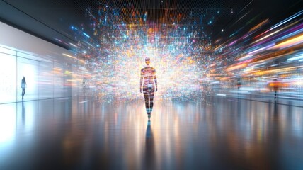 Poster - Person in a bright, abstract space with colorful patterns and li