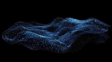 Poster - A futuristic digital wave of glowing blue dots forms a flowing abstract shape against a black background, symbolizing data, AI, and technology. Ideal for innovation themes