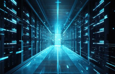 Poster - A futuristic data center with glowing blue lights and advanced servers, symbolizing cloud computing, AI, and cybersecurity. Ideal for technology and networking themes