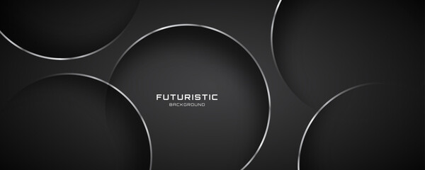 Poster - 3D black abstract background overlap layer on dark space with silver lines circles effect decoration. Modern graphic design element cutout style concept for web banner, flyer, card, or brochure cover