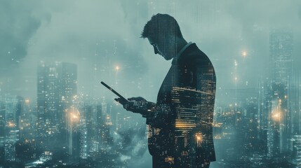 Poster - Double exposure business man using tablet on futuristic network connect city technology background/