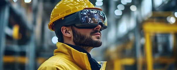 Poster - A focused worker in safety gear, utilizing advanced technology in a modern industrial setting, symbolizing innovation and progress.