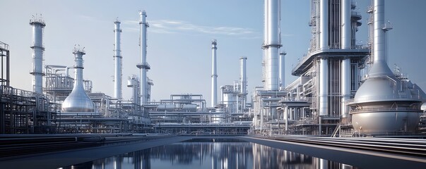 Poster - A modern industrial facility with towering structures, showcasing advanced technology and manufacturing processes near a calm water body.