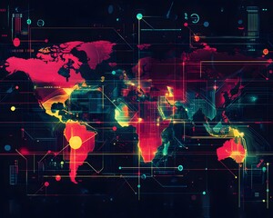 Poster - A vibrant digital world map design with bright colors and tech elements, representing global connectivity and innovation.