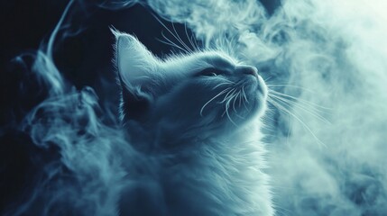 Poster - A serene white cat sits gracefully amidst swirling wisps of smoke, its delicate features highlighted by a gentle glow, embodying an aura of elegance and mystery