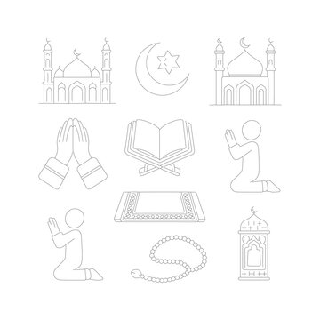 A black-and-white line art illustration featuring a set of Islamic-themed icons