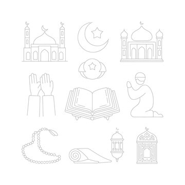 A black-and-white line art illustration featuring a set of Islamic-themed icons