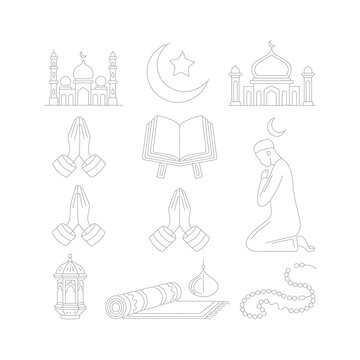 A black-and-white line art illustration featuring a set of Islamic-themed icons
