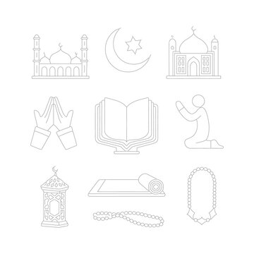 A black-and-white line art illustration featuring a set of Islamic-themed icons
