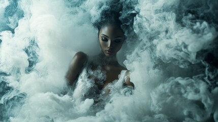 Aufkleber - A striking figure shrouded in swirling smoke creates an enchanting atmosphere. The contrast of delicate features against the mist evokes a sense of wonder and intrigue