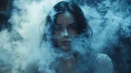 Aufkleber - A young woman with penetrating eyes is enveloped in swirling fog, creating an alluring and mysterious ambiance. The moody lighting enhances the scene's ethereal quality, inviting curiosity