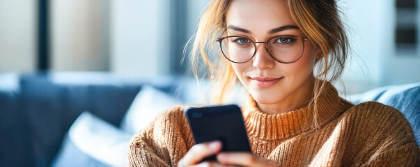 Poster - Young woman working from home using smartphone for business and leisure, casual lifestyle setting