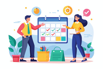 Fototapete - A male and female character plan and arrange schedules using a calendar in a cheerful workspace, Male and female characters are arranging a schedule for a business