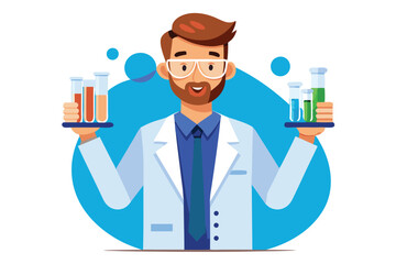Poster - A male scientist in a lab coat holds test tubes of different liquids, showcasing his research work, Male scientist holds test tubes medical worker or a isolated white background