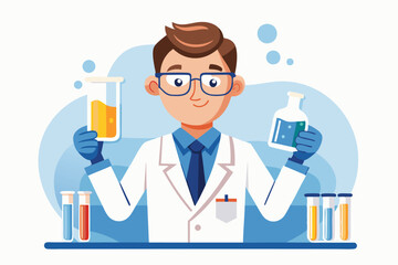 Poster - A scientist in a lab coat smiles as he holds two test tubes filled with liquids, showcasing his work, Male scientist holds test tubes medical worker or a isolated white background