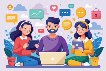 Poster - A man and two girls engage with laptops and tablets, sharing ideas in a lively social atmosphere, Man and girls with laptops interact in social networks,