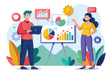 Poster - a man and woman are discussing data analysis, with graphs and charts in the background, at a sunny o