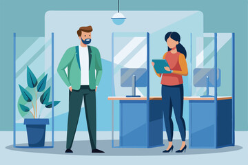 Poster - A man stands next to a woman who is using a tablet in a bank setting with plastic partitions, Man and woman near plastic partition in bank building,