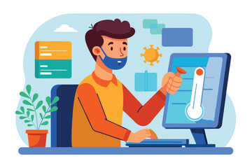 Poster - a man is monitoring temperature readings on his computer while seated at an office desk, man checkin