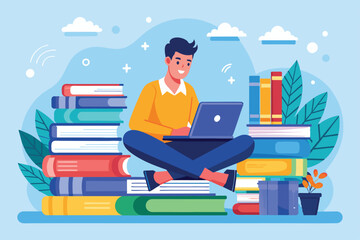 Poster - a man is focused on his laptop surrounded by a vibrant stack of books, creating a studious atmospher