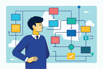 Poster - a man observes a flowchart, reflecting on strategies in a contemporary office environment, man is lo