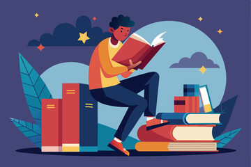 Poster - A man is absorbed in reading a book, leaning comfortably against a vibrant stack of books nearby, man is reading a book leaning on a large