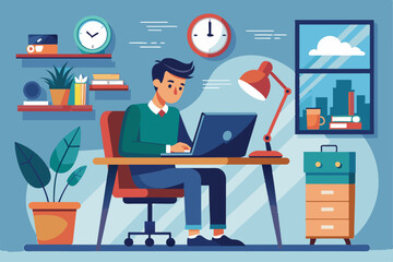 Poster - A man is focused on his laptop while seated at a desk in a bright, organized office space, man is working in office on deadline