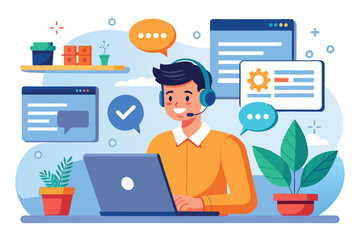 Poster - A man engages in customer support, utilizing a laptop in a bright, modern workspace filled with plants, man on laptop showing customer support management