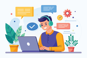 Poster - A man in headphones engages in customer support using his laptop, focused and productive in a bright workspace, man on laptop showing customer support management